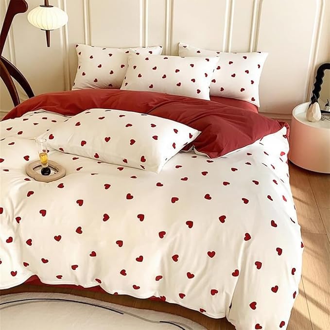White Comforter Set Full Size - Red Heart Quilt Bedding Set 3 Pieces, Comforter Set Full, Soft & Lightweight Comforter(79‘’ x 90‘’) for Girl All Season & 2 Pillowcases(30‘’x20‘’)