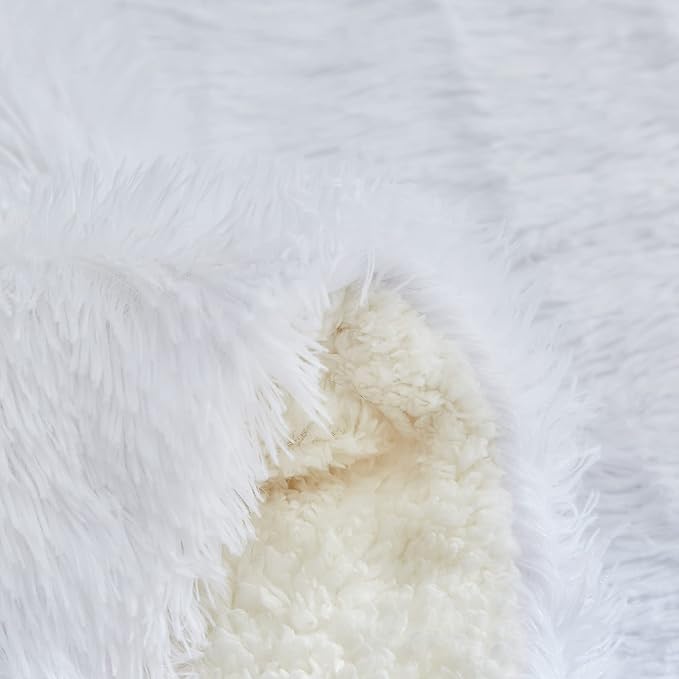Flysheep Luxury Faux Fur Twin Size Winter Comforter Set Shaggy Velvet Pure White Long Hair, 3 Pieces Plush Flannel Sherpa Backing Reversible Soft Microfiber Super Warm Bedding Set for Holiday
