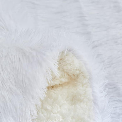 Flysheep Luxury Faux Fur Twin Size Winter Comforter Set Shaggy Velvet Pure White Long Hair, 3 Pieces Plush Flannel Sherpa Backing Reversible Soft Microfiber Super Warm Bedding Set for Holiday