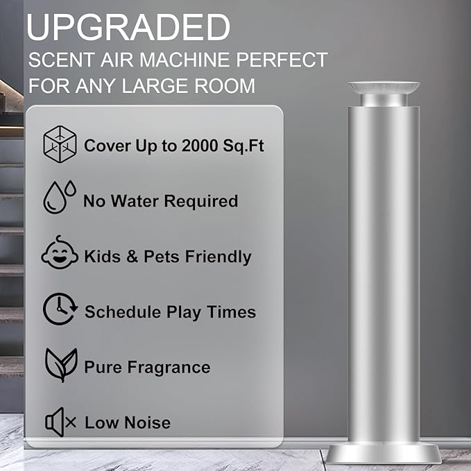 Wirless Rechargeable Waterless Scent Diffuser Kit, Includes 5 Premium Oils, 2000 Sq.Ft Coverage,Hotel Scent Diffuser for Home, Studio, Cordless Essential Oil Diffuser Large Room, APP Control - Silver