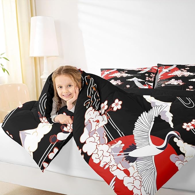 Japanese-Style Comforter Set Twin Size Crane Printed Cherry Blossoms Decor Down Comforter, for Adult Women Girls Teens Japanese Traditional Pattern Quilted Duvet Ukiyoe Theme Bedding Comforters