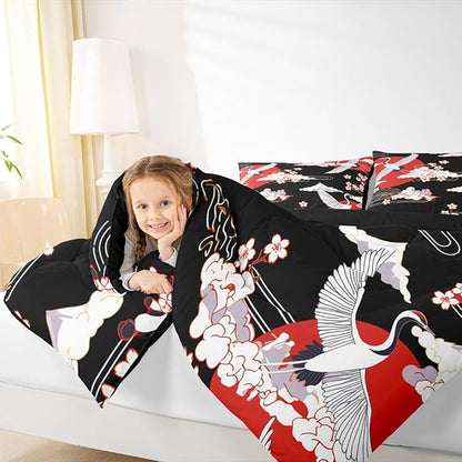 Japanese-Style Comforter Set Twin Size Crane Printed Cherry Blossoms Decor Down Comforter, for Adult Women Girls Teens Japanese Traditional Pattern Quilted Duvet Ukiyoe Theme Bedding Comforters