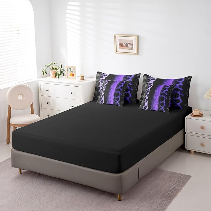 jejeloiu 3D Purple Leopard 7 Piece Bedding Set King Size Adult Leopard Comforter Set with Sheets for Boys Girls Animal Print Bed in a Bag Wild Animal Fur Bed Set