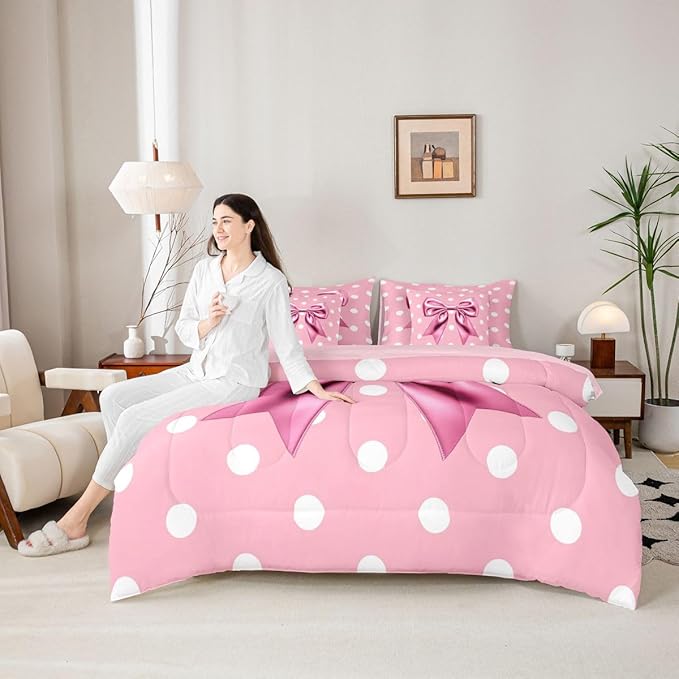 Feelyou Pink Bowknot 7 Piece Bedding Set Polka Point Comforter Set with Sheets for Kids Boys Girls Cute Bow Bed in a Bag Princess Theme Bed Set Soft Lightweight