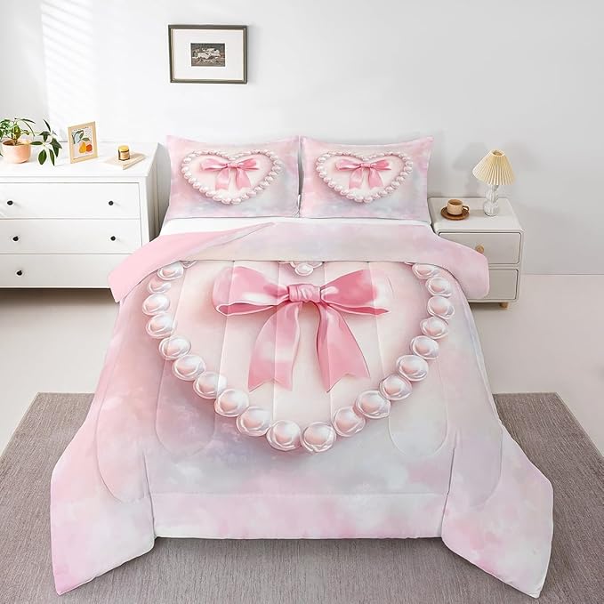 jejeloiu Girls Silk Bow Bedding Set King Size Pink Pearl Comforter Set for Kids Women Princess Style Duvet Set Pink Ombre Quilt Set 3Pcs