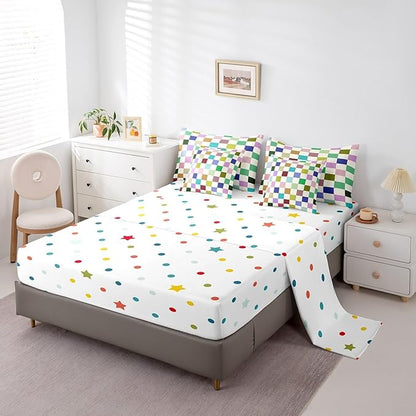 Feelyou Colorful Checkered 7 Piece Bedding Set Teen Retro Modern Geometric Colorful Comforter Set with Sheets King Size Kids Boys Cute Neutral Plaid Bed in a Bag Vintage Aesthetic Room Decor