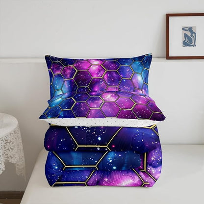 Manfei Blue Purple Galaxy Comforter Set Toddler Size, Geometric Hexagon Print Bedding Set 2pcs, Yellow Honeycomb Space Down Comforter for All Season, Kids Boys Girls Room Decor, 1 Pillowcase