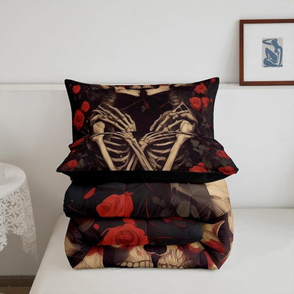 Erosebridal Sugar Skull Down Comforter King Size, Gothic Skeleton Bones Comforter Set, Halloween Horror Bedding Set, Rose Flower Quilt for Teens Youth Adult Women Men Room