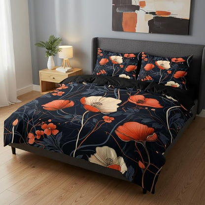 Black Floral Comforter Set Full Size, Gothic Botanical Bedding Set, 3 Pieces Leaf Plants Bedroom Decor with 2 Pillowcases/79 * 90