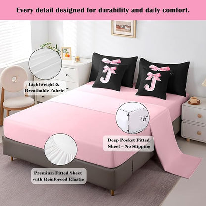 jejeloiu Kids Girls Black Pink Bow Comforter Set with Sheets Queen Size Monogrammed 7 Piece Bedding Set Personalized Initial J Bed in a Bag with Comforter,Sheets,Pillowcases Modern Fashion Bed Set