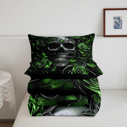 Erosebridal Adults Gothic Comforter Set Bohemian Boho Goth Toddler Bedding Set Vintage Horror Skull Bed Sets Lime Green Rose Baroque Victorian Romantic Rose Duvet Insert,Halloween Gothic Decor