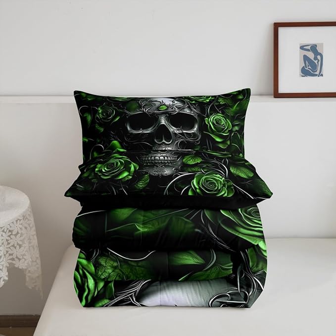 Erosebridal Adults Gothic Comforter Set Bohemian Boho Goth King Bedding Set Vintage Horror Skull Bed Sets Lime Green Rose Baroque Victorian Romantic Rose Duvet Insert,Halloween Gothic Decor