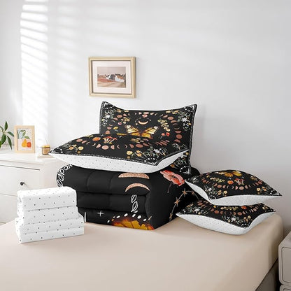 Feelyou Boho Butterfly Bedding Bed in a Bag with Comforter, Sun Moon Bedding Set with Comforter, Bohemian Mushroom Comforter for Women Men Wild King Size 7Pcs Room Decor