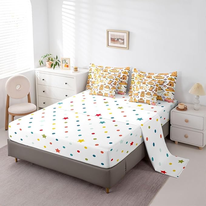 Capybara 7 Pcs Bedding Set Twin Size,Cartoon Cute Capybara Animals Bed in a Bag,Funny Rodent Animal Bed Set Includes Comforter,Sheet Set,Pillowcases & Pillow Covers,Stars Hearts Desserts Bedroom Decor