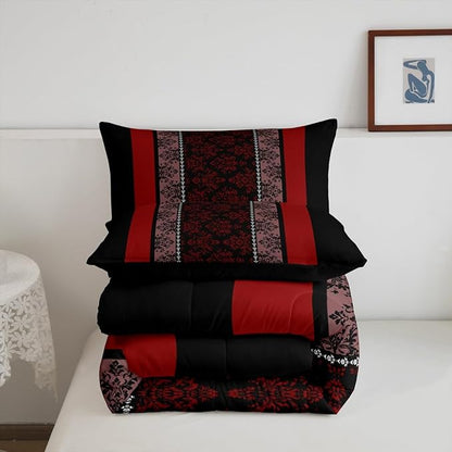 jejeloiu Adult Classic Jacquard Bedding Set King Size Damask Pattern Comforter Set for Boys Girls Black Red Stripe Duvet Set Baroque Quilt Set 3Pcs
