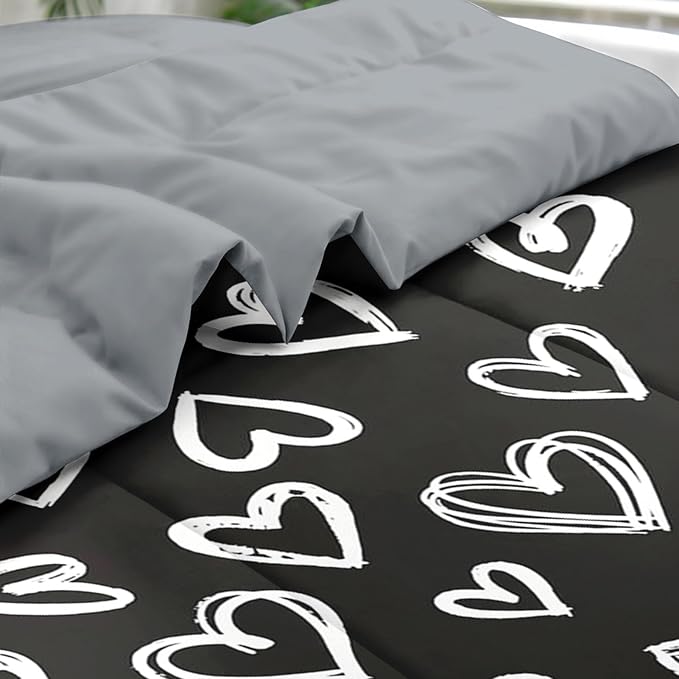 Comforter Set King Size, Love Cute 7 Pcs Bedding for Kids and Adults, Polka Heart White Bed Sheet Sets with Fitted Sheet 2 Pillowcases & 2 Shams for Bedroom Bed Decor
