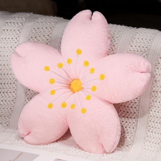Plush Cherry Blossom Throw Pillow, Cute Pink Sakura Flower Cushion for Bedroom Study Living Room Sofa Chair, Cute Floral Home Decor for Women (Yellow Flower core, 21.6 inch)