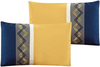 Chezmoi Collection Arden 7-Piece Modern Pleated Stripe Embroidered Zigzag Bedding Comforter Set (Queen, Navy/Gray/Yellow/White)