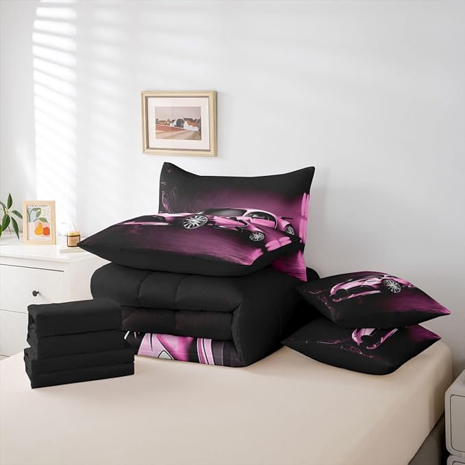 Feelyou Sports Car 7 Piece Bedding Set Pink Race Car Comforter Set with Sheets Kids Boys Girls Extreme Sports Theme Bed in a Bag Cool Speed Luxury Car Decor Bed Set with 2 Pillowcases Full Size