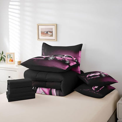 Feelyou Sports Car 7 Piece Bedding Set Pink Race Car Comforter Set with Sheets Kids Boys Girls Extreme Sports Theme Bed in a Bag Cool Speed Luxury Car Decor Bed Set with 2 Pillowcases Full Size