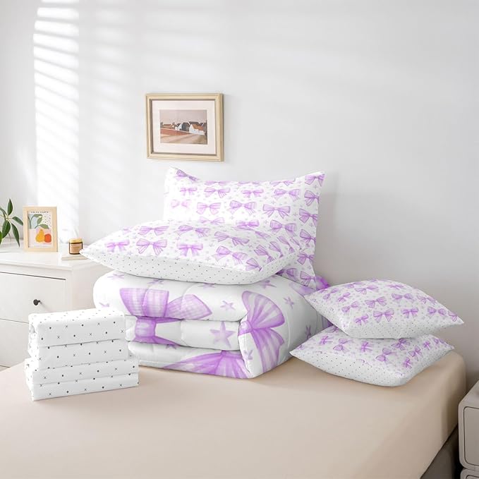 Erosebridal Kids Girls Purple Bowknot Bow Full Comforter Set 7 Pieces | Starry Bed in A Bag for Bedroom Princess Dreamy Bedding Set with Comforters Kawaii Cute Room Decor