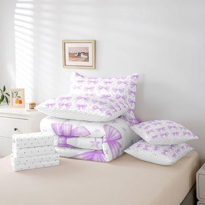 Erosebridal Kids Girls Purple Bowknot Bow King 7-Piece Comforter Set | Starry Sheets and Pillowcases Princess Dreamy Bed in A Bag Kawaii Cute Bed Sets