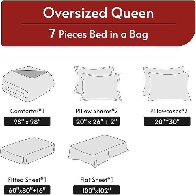 MUXHOMO 7 Pieces Oversized Queen Comforter Set, Reversible Bed in a Bag Oversized Queen Size, All Season Bedding Set with Comforter, Flat Sheet, Fitted Sheet, Pillowcases & Shams, Red & Black