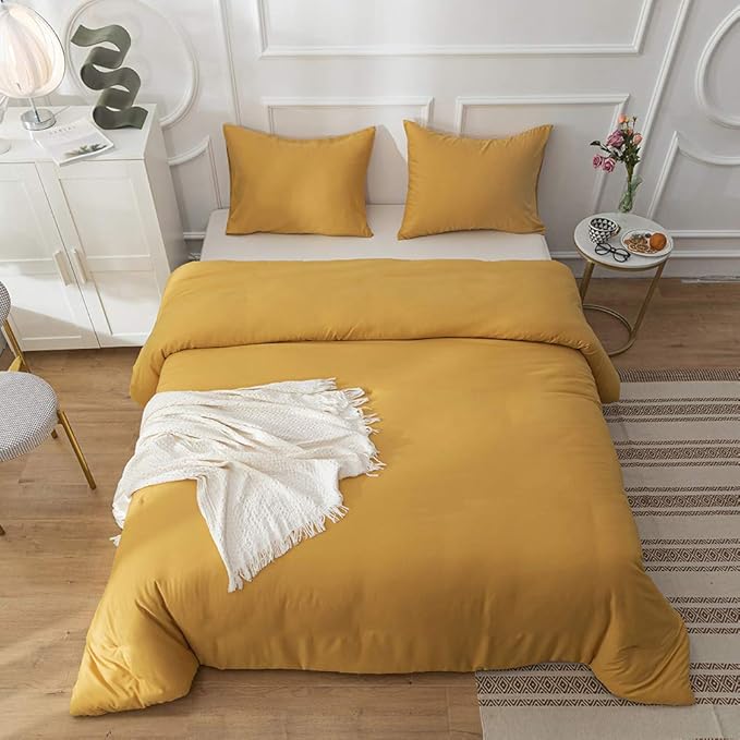 CLOTHKNOW Yellow King Size Comforter Set Mustard Yellow Bedding Comforter Sets Soft All Season Cozy Turmeric Comforter with 2 x Pillow Cases