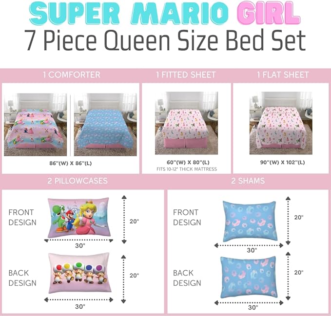 Super Mario Girl Princess Peach Girl Gamer Kids Bedding Super Soft & Cozy Reversible Microfiber Comforter and Sheet Set with Sham, 7 Piece Queen Size, (Officially Licensed Product) by Franco