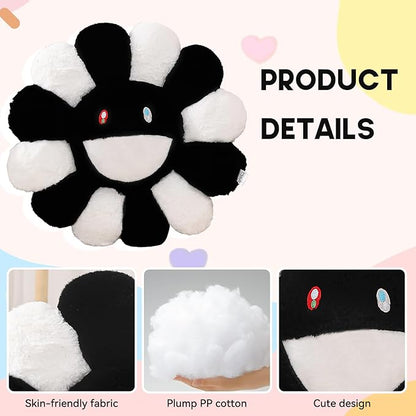 Flower Pillow,Flower Shaped Throw Pillow,Smiley Face Floor Cushions,Cute Sunflower Plush Pillows,Valentines Day Gifts,Black and White Decorative Pillows for Bed,Couch,Sofa,Car (Black and White,15.7In)