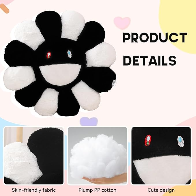Flower Pillow,Flower Shaped Throw Pillow,Cute Smiley Face Floor Cushions,Colorful Sunflower Plush Pillows,Valentines Day Decorative Pillows for Bedroom,Sofa,Dorm (Black and White,23.6In)