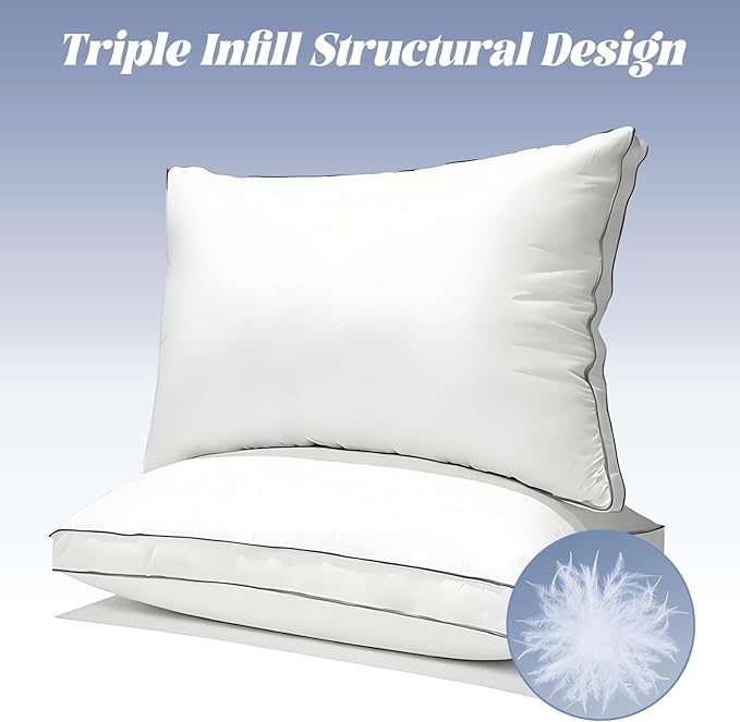 Luxury Goose Feather Down Pillow Standard Size Set of 2,Premium 3-Chamber Bed Pillows for Deep Sleep,900+ Fill Power,400 Count Cotton Shell,Hotel Quality Pillow for Side, Back Sleepers,20" x 26"