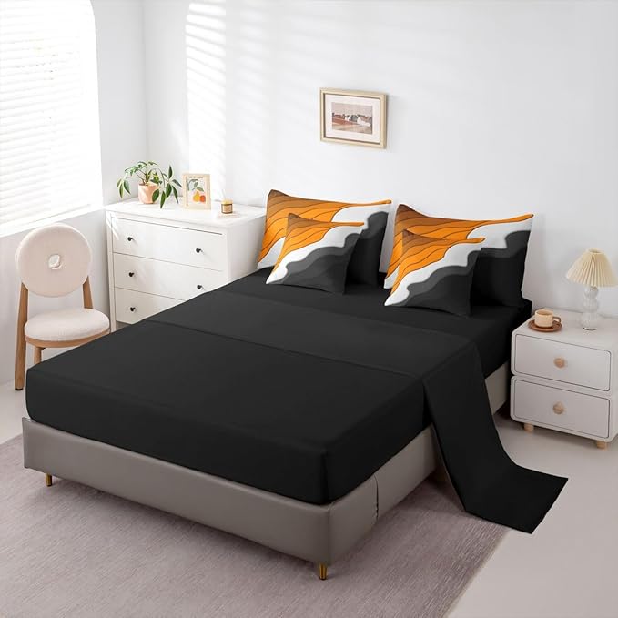 Orange Grey Black Ombre Bedding Twin Size 7-Piece Kids Teens Adults Geometric Stripe Comforter Set, Aesthetic Wave Bedding Comforter Sets Modern Abstract Bed in a Bag, Gradient Bedding Accessories