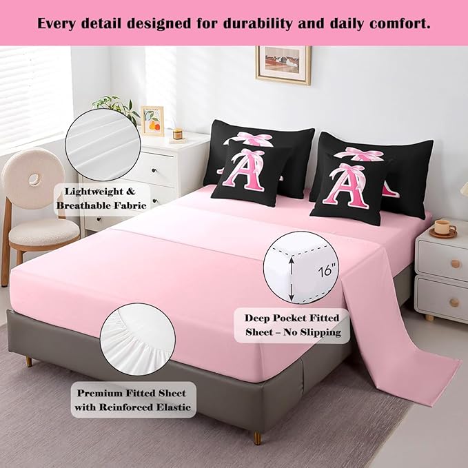 jejeloiu Kids Girls Black Pink Bow Comforter Set with Sheets King Size Monogrammed 7 Piece Bedding Set Personalized Initial A Bed in a Bag with Comforter,Sheets,Pillowcases Modern Fashion Bed Set