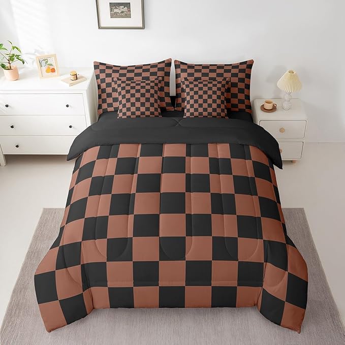 Feelyou Checkered 7 Piece Bedding Set Teen Brown Black Plaid Comforter Set with Sheets King Size Kids Boys Cute Retro Neutral Checkerboard Geometric Bed in a Bag Vintage Aesthetic Room Decor