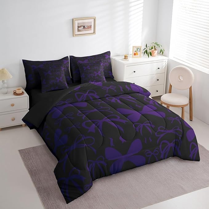 Feelyou Cute Bowknot Bedding Set for All Season Boys Girls Twin Size Bow 7 Pieces Comforter Sets for Kids Women Men Purple Girls Bow Bed in a Bag with Comforter, Sheets, Pillowcases & Cushion Cover