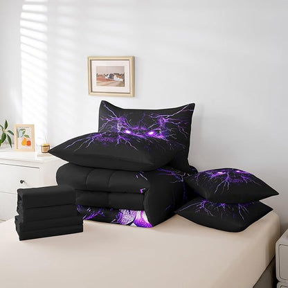 Erosebridal Gothic Bed in a Bag Queen Comforter Set 7 Piece,Sugar Skull Spooky Bone Goth Bedding Set,Purple Lightning Comforter and Sheet Set,Exotic Halloween Skeleton Decorations