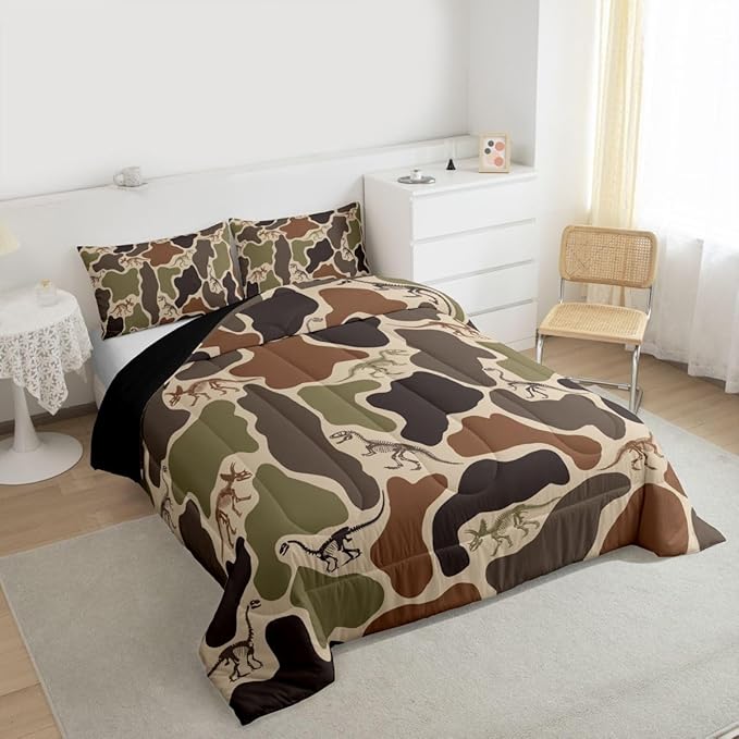 Erosebridal Camo Dino Comforter Set King Size Army Camouflage Bedding Set for Adutls Men Women Dinosaur Skeleton Farmhouse Green Comforter Boys Vintage Hunting Theme Quilt Bedroom Decor
