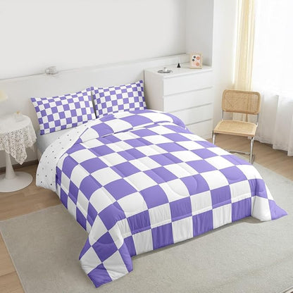 Feelyou Checkered Retro Comforter Set Queen Size Purple Plaid Bedding Set for Kids Boys Girls Geometric Vintage Duvet Quilt Modern Simple Groovy Aesthetic Bedroom Decor 3 Pcs with 2 Pillow Cases