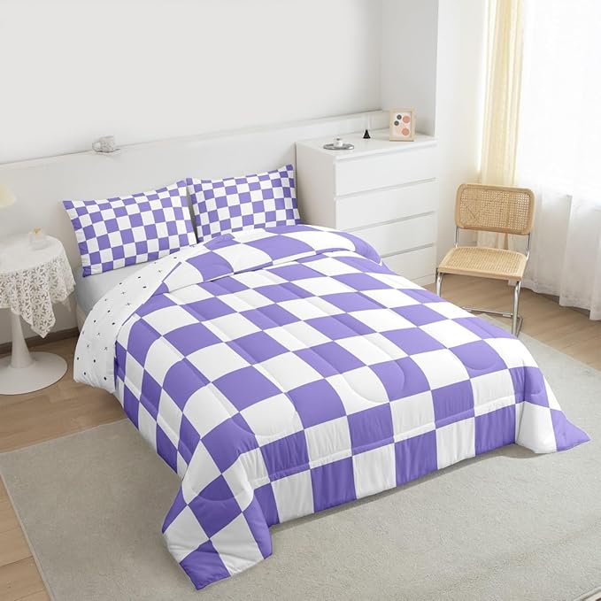 Feelyou Checkered Retro Comforter Set Twin Size Purple Plaid Bedding Set for Kids Boys Girls Geometric Vintage Duvet Quilt Modern Simple Groovy Aesthetic Bedroom Decor 2 Pcs with 1 Pillow Cases