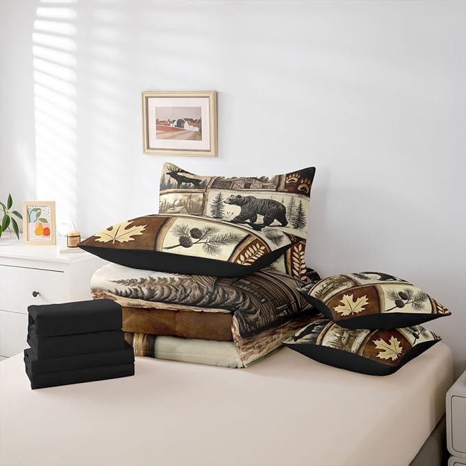 Erosebridal Hunting Bear Deer Bedding Set (Full Size,7 Pieces) | Rustic Cabin Lodge Comforter Set with Sheets Country Patchwork Plaid Bed in A Bag Rural Maple Bear Paw Print Quilt Duvet Insert