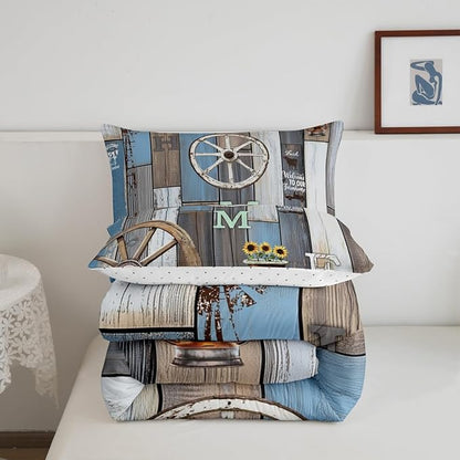 Rustic Farmhouse Quilt Set King For Men Western Country Cabin Bedding Set Farm Animal Sunflower Comforter Set Retro Barn Door Wheel Windmill Duvet Insert Grunge Brown Planks Decor 2 Pillow Cases