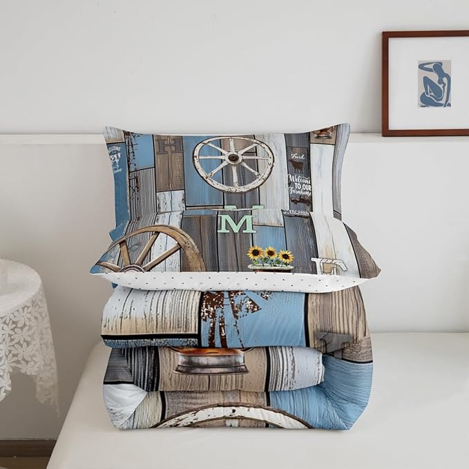 Rustic Farmhouse Quilt Set Twin For Men Western Country Cabin Bedding Set Farm Animal Sunflower Comforter Set Retro Barn Door Wheel Windmill Duvet Insert Grunge Brown Planks Decor 1 Pillow Case