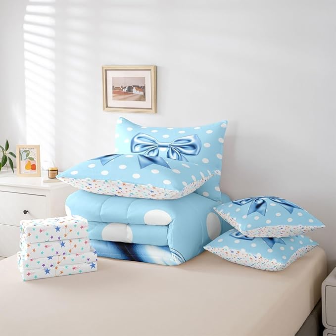 Feelyou Blue Bowknot 7 Piece Bedding Set Polka Point Comforter Set with Sheets for Kids Boys Girls Cute Bow Bed in a Bag Princess Theme Bed Set Soft Lightweight