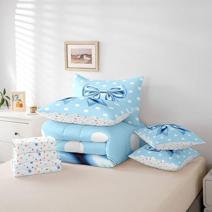 Feelyou Blue Bowknot 7 Piece Bedding Set Polka Point Comforter Set with Sheets for Kids Boys Girls Cute Bow Bed in a Bag Princess Theme Bed Set Soft Lightweight