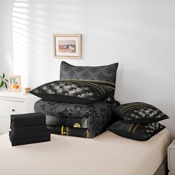 Black Damask Comforter Set 7 Piece Bed in a Bag Twin | Luxury Grey Golden Texture Pattern Bohemian Bedding Sets Antique Decor Gothic Vintage Floral Comforter and Sheet Set, Goth Victorian Bed Sets