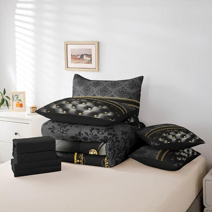 Black Damask Bed in a Bag King Size Comforter Set 7 Pieces,Luxury Grey Golden Texture Pattern Bohemian Bedding Sets Antique Decor Gothic Vintage Floral Comforter and Sheet Set, Goth Victorian Bed Sets
