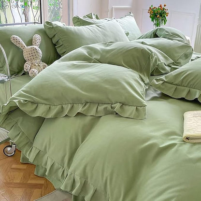 CLOTHKNOW Green Ruffles Queen Comforter Set Farmhouse Bedding Comforter Sets Soft Sage Green Comforter with 2 x Pillow Cases