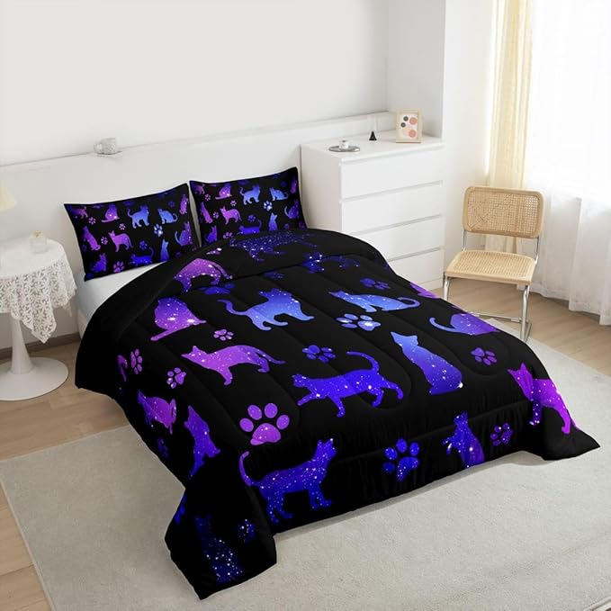 Erosebridal Cat Comforter Set Queen Lovers Bedding Cats Cartoon Silhouette Purple Blue Reversible Black Ombre Down Neon Pets Animal Paw Print Galaxy Slitter Stars Quilt For Kids Boys Girls,Multi 361