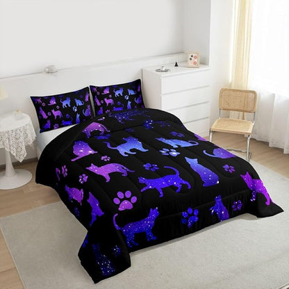Erosebridal Cat Comforter Set King Cat Lovers Bedding Set Cats Cartoon Silhouette Purple Blue Reversible Black Ombre Down Comforter Neon Animal Paw Print Galaxy Slitter Stars Quilt Set For Kids